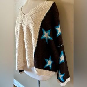 pattern block cream brown and turquoise star print cute slouch shoulder sweater